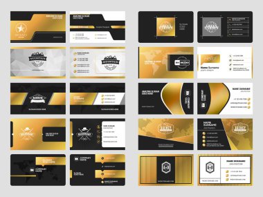 Logo elemanları ile zarif çift taraflı kartvizit şablonları kümesi. Siyah ve altın renkleri. Vektör çizim. İleti örneği tasarım