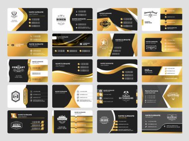 Logo elemanları ile zarif çift taraflı kartvizit şablonları kümesi. Siyah ve altın renkleri. Vektör çizim. İleti örneği tasarım