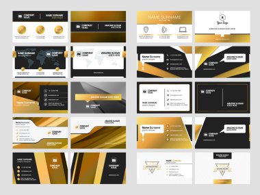 Logo elemanları ile zarif çift taraflı kartvizit şablonları kümesi. Siyah ve altın renkleri. Vektör çizim. İleti örneği tasarım