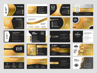 Logo elemanları ile zarif çift taraflı kartvizit şablonları kümesi. Siyah ve altın renkleri. Vektör çizim. İleti örneği tasarım