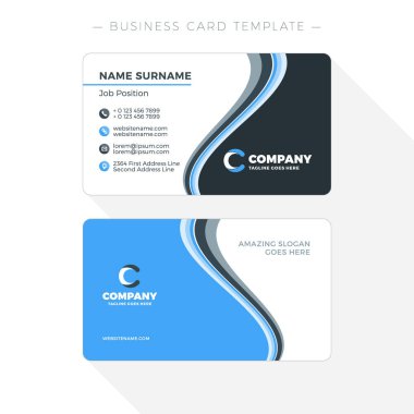Çift taraflı kartvizit şablonuna soyut dalgalar mavi ve siyah arka plan ile. Vektör çizim. İleti örneği tasarım