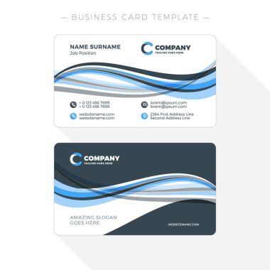 Çift taraflı kartvizit şablonuna soyut dalgalar mavi ve siyah arka plan ile. Vektör çizim. İleti örneği tasarım
