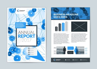 Yıllık rapor kapak tasarım şablonu. Vektör el ilanı tasarım şablonu. Kapak düzeni tasarımı arka plan ile. Mavi renk teması. Vektör çizim