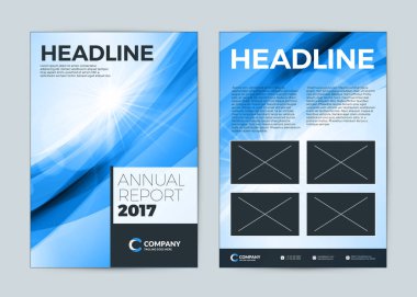 Yıllık rapor kapak tasarım şablonu. Vektör el ilanı tasarım şablonu. Kapak düzeni tasarımı arka plan ile. Mavi renk teması. Vektör çizim