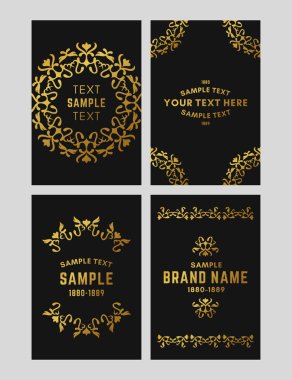 Çiçek logosu çerçeve ve monogram kümesi. Siyah zemin üzerine altın. Vektör çizim. Kartvizit, davetiye, tebrik kartı şablonu için dekoratif elemanlar