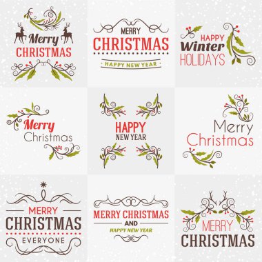 Neşeli Noel ve mutlu yeni yıl dekoratif rozetleri kümesi için tebrik kartları ve davetiyeler. Vektör çizim. Tipografik tasarım öğeleri. Kırmızı, yeşil ve kahverengi renk teması