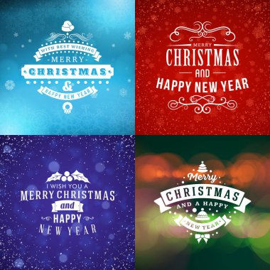 Neşeli Noel ve mutlu yeni yıl dekoratif rozetleri kümesi için tebrik kartları ve davetiyeler. Vektör çizim. Renkli arka plan ile kar taneleri ve ışıklar