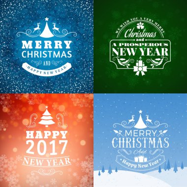 Neşeli Noel ve mutlu yeni yıl dekoratif rozetleri kümesi için tebrik kartları ve davetiyeler. Vektör çizim. Renkli arka plan ile kar taneleri ve ışıklar
