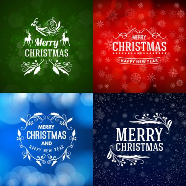 Neşeli Noel ve mutlu yeni yıl dekoratif rozetleri kümesi için tebrik kartları ve davetiyeler. Vektör çizim. Renkli arka plan ile kar taneleri ve ışıklar