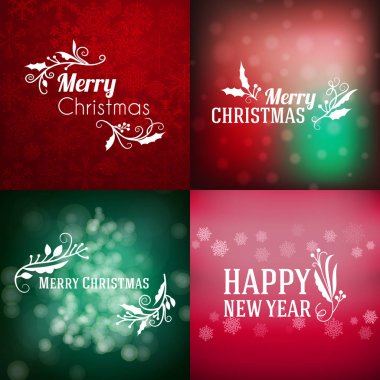 Neşeli Noel ve mutlu yeni yıl dekoratif rozetleri kümesi için tebrik kartları ve davetiyeler. Vektör çizim. Renkli arka plan ile kar taneleri ve ışıklar