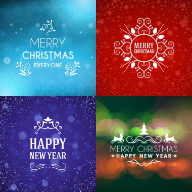 Neşeli Noel ve mutlu yeni yıl dekoratif rozetleri kümesi için tebrik kartları ve davetiyeler. Vektör çizim. Renkli arka plan ile kar taneleri ve ışıklar