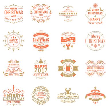 Neşeli Noel ve mutlu yeni yıl dekoratif rozetleri kümesi için tebrik kartları ve davetiyeler. Vektör çizim. Tipografik tasarım öğeleri. Kırmızı ve altın renk teması