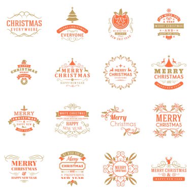 Neşeli Noel ve mutlu yeni yıl dekoratif rozetleri kümesi için tebrik kartları ve davetiyeler. Vektör çizim. Tipografik tasarım öğeleri. Kırmızı ve altın renk teması
