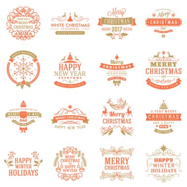Neşeli Noel ve mutlu yeni yıl dekoratif rozetleri kümesi için tebrik kartları ve davetiyeler. Vektör çizim. Tipografik tasarım öğeleri. Kırmızı ve altın renk teması