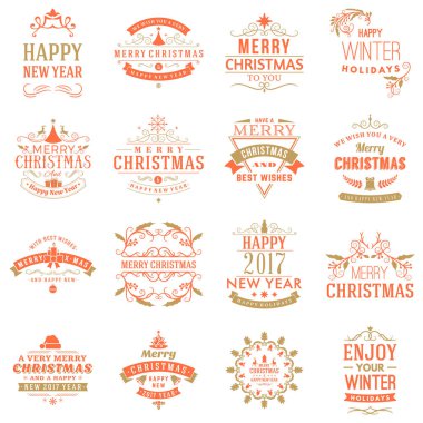 Neşeli Noel ve mutlu yeni yıl dekoratif rozetleri kümesi için tebrik kartları ve davetiyeler. Vektör çizim. Tipografik tasarım öğeleri. Kırmızı ve altın renk teması