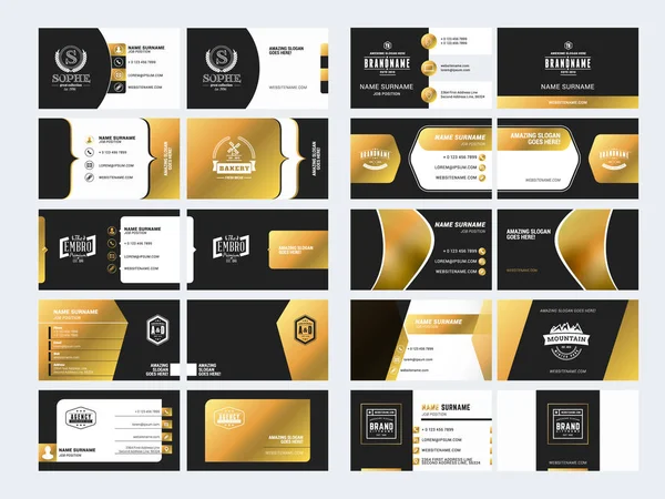 Set of elegant double-sided business card templates with logotype elements. Black and gold colors. Vector illustration. Stationery design — Stock Vector