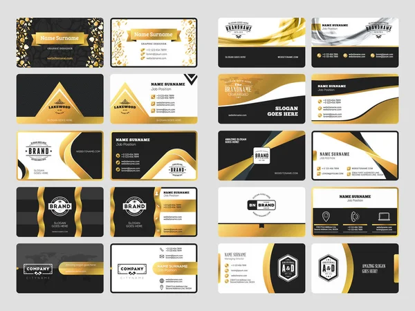 Set elegante dubbelzijdig visitekaartje sjablonen met logo-elementen. Zwart en goud kleuren. Vectorillustratie. Briefpapierontwerp — Stockvector
