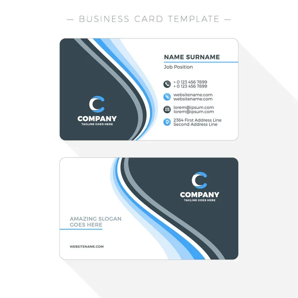 Double-sided Business Card Template with Abstract Blue and Black Waves Background. Vector Illustration. Stationery Design — Stock Vector