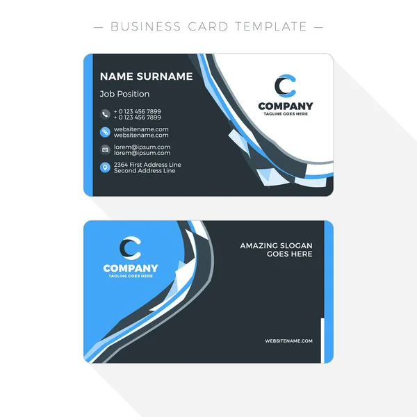 Doppelseitige Visitenkartenvorlage mit abstrakten blauen und schwarzen Wellen Hintergrund. Vektorillustration. Schreibwarendesign — Stockvektor