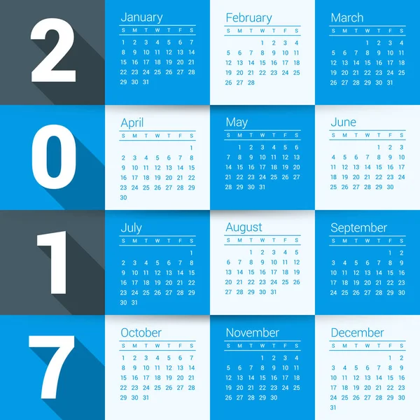 Calendário para 2017 ano. Modelo de papelaria de design vetorial. A semana começa segunda-feira. Ilustração vetorial — Vetor de Stock
