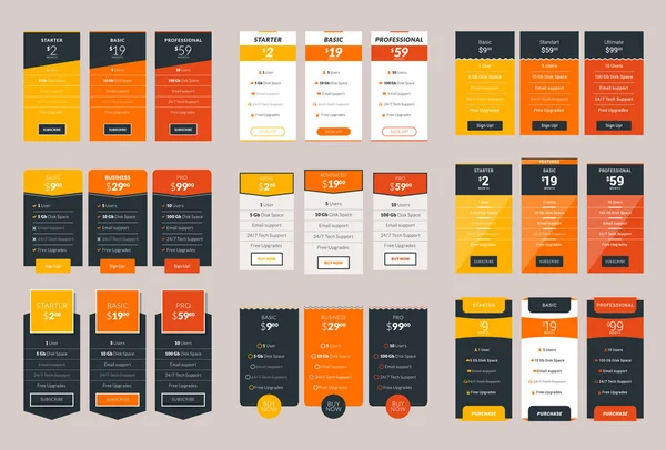 Collection of Coloful Pricing Table Design Templates for Websites and Applications. Vector Pricing Plans with Icon Set. Flat Style Vector Illustration — Stock Vector