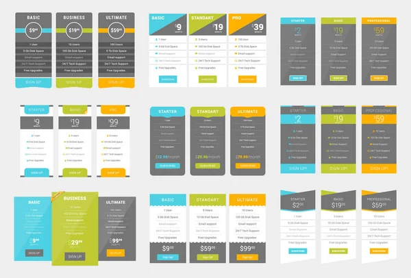 Collection of Coloful Pricing Table Design Templates for Websites and Applications. Vector Pricing Plans with Icon Set. Flat Style Vector Illustration — Stock Vector