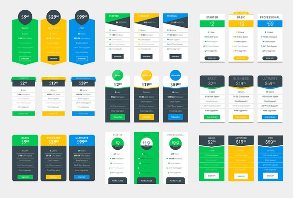 Collection of Coloful Pricing Table Design Templates for Websites and Applications. Vector Pricing Plans with Icon Set. Flat Style Vector Illustration — Stock Vector