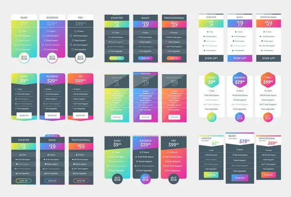 Коллекция шаблонов оформления цветной таблицы цен для веб-сайтов и приложений. Векторные ценовые планы с набором иконок. Векторная иллюстрация плоского стиля — стоковый вектор
