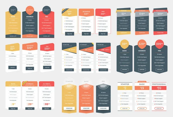 Samling av Coloful prissättning tabell designmallar för webbplatser och applikationer. Vector prissättning planer med Ikonuppsättning. Platt stil vektorillustration — Stock vektor