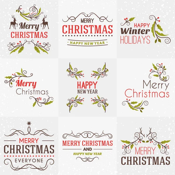 Set de Feliz Navidad y Feliz Año Nuevo Insignias Decorativas para Tarjetas de felicitación o Invitaciones. Ilustración vectorial. Elementos de diseño tipográfico. Tema de color rojo, verde y marrón — Archivo Imágenes Vectoriales