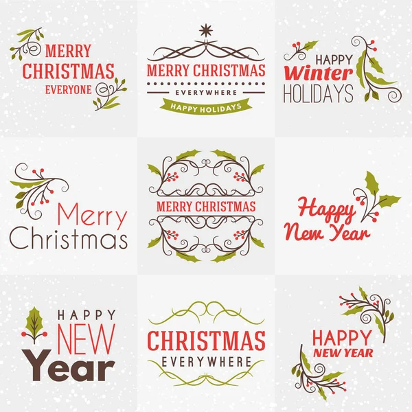 Set de Feliz Navidad y Feliz Año Nuevo Insignias Decorativas para Tarjetas de felicitación o Invitaciones. Ilustración vectorial. Elementos de diseño tipográfico. Tema de color rojo, verde y marrón — Vector de stock