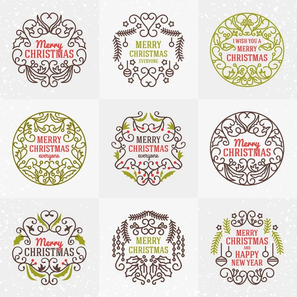 Set of Merry Christmas and Happy New Year Decorative Badges for Greetings Cards or Invitations. Vector Illustration. Typographic Design Elements. Red, Green and Brown Color Theme — Stock Vector