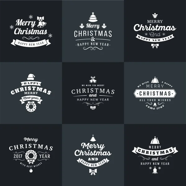 Set van vrolijke Kerstmis en gelukkig Nieuwjaar decoratieve Badges voor Greetings Cards of uitnodigingen. Vector illustratie in wit en zwart kleuren — Stockvector