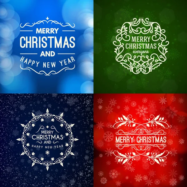 Conjunto de Feliz Natal e Feliz Ano Novo emblemas decorativos para cartões de felicitações ou convites. Ilustração vetorial. Fundo colorido abstrato com flocos de neve e luzes — Vetor de Stock