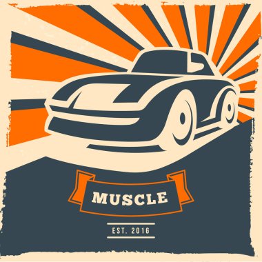 Grunge çerçeve ve ışınları ile Retro araba el ilanı veya poster tasarım. Vektör çizim