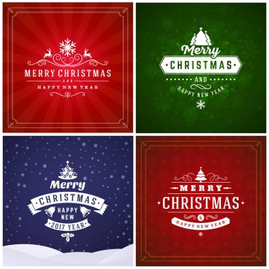 Neşeli Noel ve mutlu yeni yıl dekoratif rozetleri kümesi için tebrik kartları ve davetiyeler. Vektör çizim. Renkli arka plan ile kar taneleri ve ışıklar