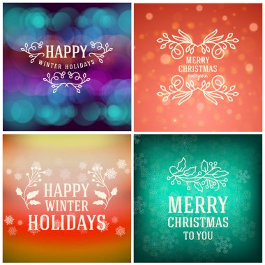 Neşeli Noel ve mutlu yeni yıl dekoratif rozetleri kümesi için tebrik kartları ve davetiyeler. Vektör çizim. Renkli arka plan ile kar taneleri ve ışıklar