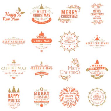 Neşeli Noel ve mutlu yeni yıl dekoratif rozetleri kümesi için tebrik kartları ve davetiyeler. Vektör çizim. Tipografik tasarım öğeleri. Kırmızı ve altın renk teması