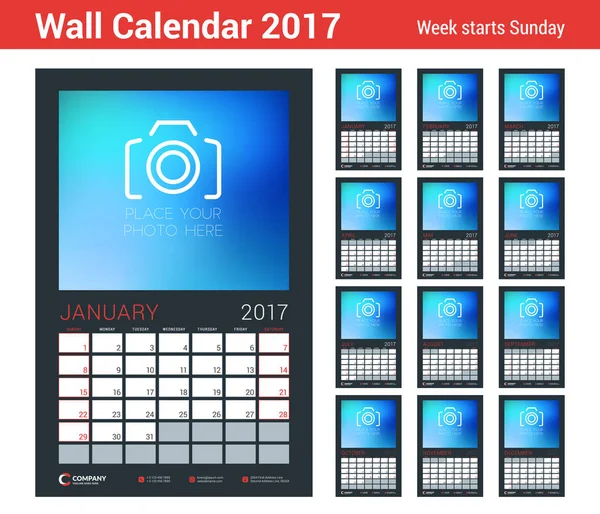 Plantilla de planificador de calendario de pared para 2017 Año. Conjunto de 12 meses. Plantilla de diseño vectorial con lugar para la foto. La semana comienza el domingo. Orientación al retrato. Fondo negro — Vector de stock