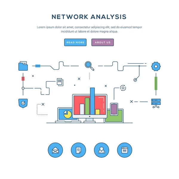 ネットワーク分析。フラット ライン ビジネスのウェブサイト バナー テンプレート。モダンな細い線のアイコン。ウェブのバナーや販促資料の図の概念. — ストックベクタ