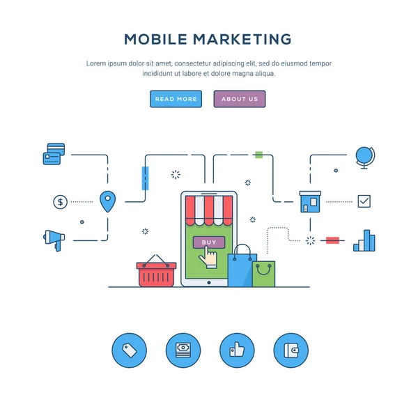 Мобильный маркетинг. Шаблон баннера бизнес-сайта плоской линии. Современные тонкие линии иконки. Концепция иллюстрации веб-баннеров и рекламных материалов . — стоковый вектор