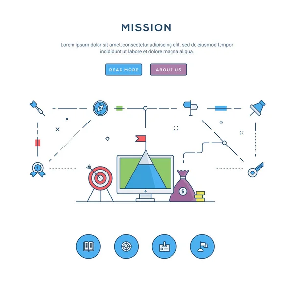 ミッション。フラット ライン ビジネスのウェブサイト バナー テンプレート。モダンな細い線のアイコン。ウェブのバナーや販促資料の図の概念. — ストックベクタ