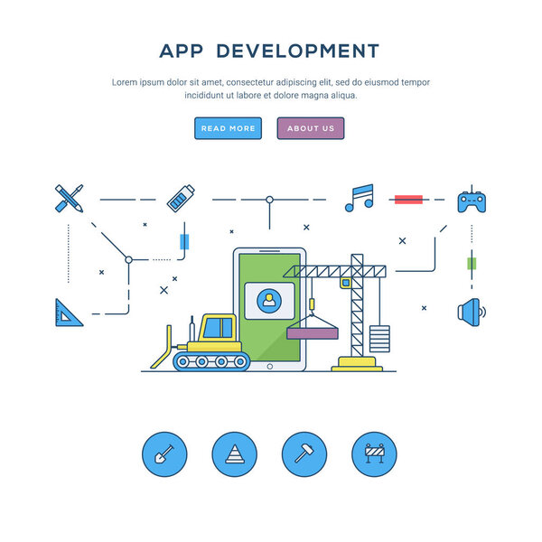 App development. Flat line business website banner template. Modern thin line icons. Illustration concept for web banners and promotional materials.