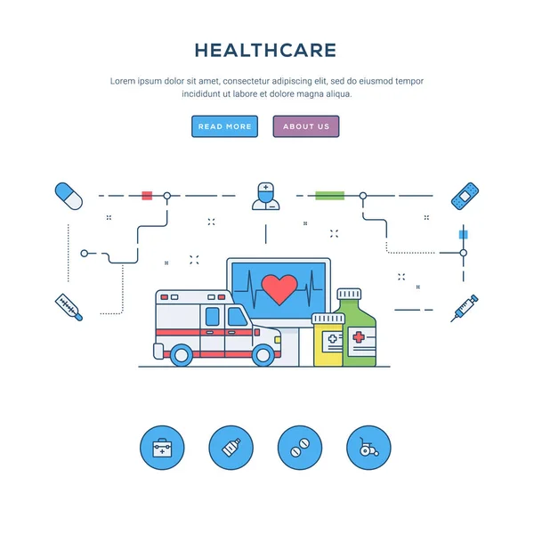 Охорона здоров'я. Шаблон банера бізнес-сайту плоского рядка. Сучасні піктограми тонкої лінії. Концепція ілюстрації веб-банерів та рекламних матеріалів . — стоковий вектор