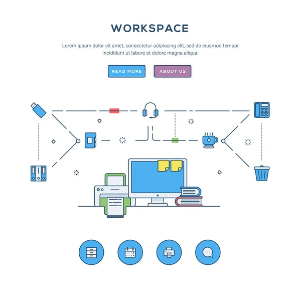 Spazio di lavoro. Modello di banner per siti web aziendali a linea piatta. Icone moderne a righe sottili. Concetto illustrativo per banner web e materiale promozionale . — Vettoriale Stock