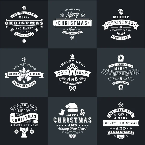 Set van vrolijke Kerstmis en gelukkig Nieuwjaar decoratieve Badges voor Greetings Cards of uitnodigingen. Vector illustratie in wit en zwart kleuren — Stockvector