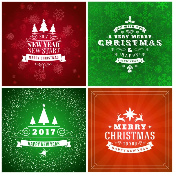 Set de Feliz Navidad y Feliz Año Nuevo Insignias Decorativas para Tarjetas de felicitación o Invitaciones. Ilustración vectorial. Fondo colorido abstracto con copos de nieve y luces — Archivo Imágenes Vectoriales