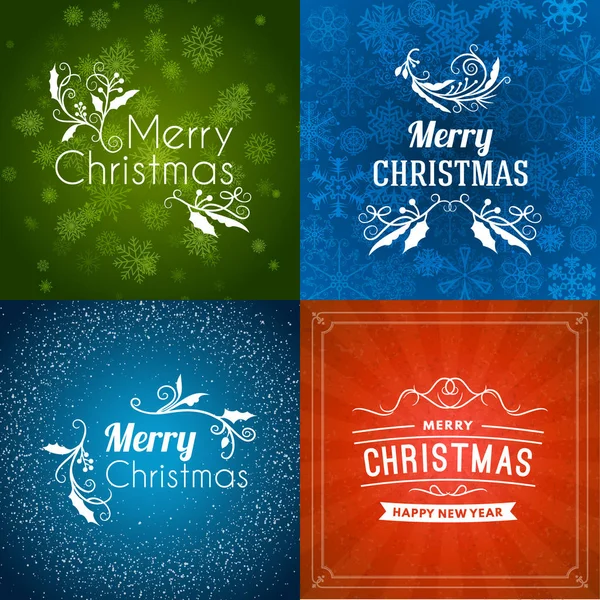 Conjunto de Feliz Natal e Feliz Ano Novo emblemas decorativos para cartões de felicitações ou convites. Ilustração vetorial. Fundo colorido abstrato com flocos de neve e luzes — Vetor de Stock