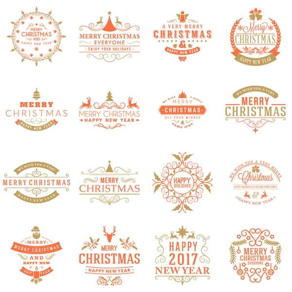 Set von frohen Weihnachten und ein glückliches neues Jahr dekorative Abzeichen für Grußkarten oder Einladungen. Vektorillustration. typografische Gestaltungselemente. rote und goldene Farbe Thema — Stockvektor