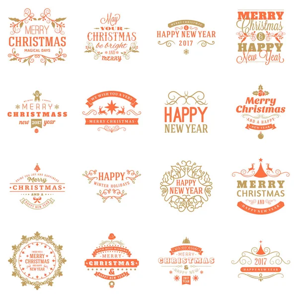 Készlet-boldog karácsonyt és boldog új évet dekoratív jelvények-Üdvözlet kártyákat vagy meghívók. Vektoros illusztráció. Nyomdai Design elemek. Piros és arany színű téma — Stock Vector